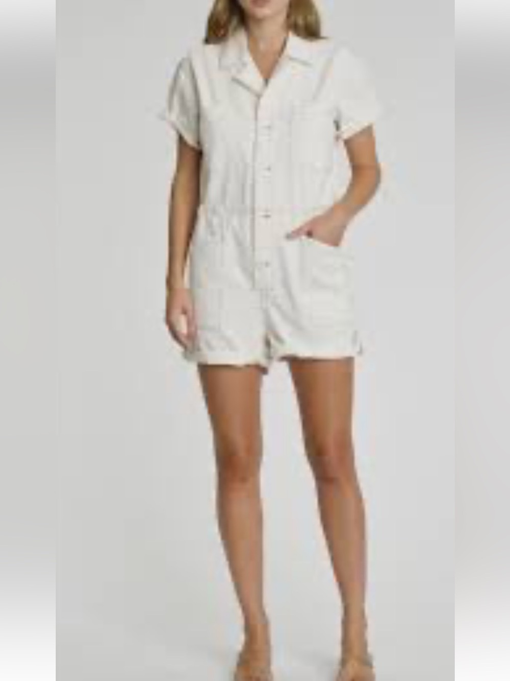 Pistola Cream Short Sleeve Button Romper Sz M